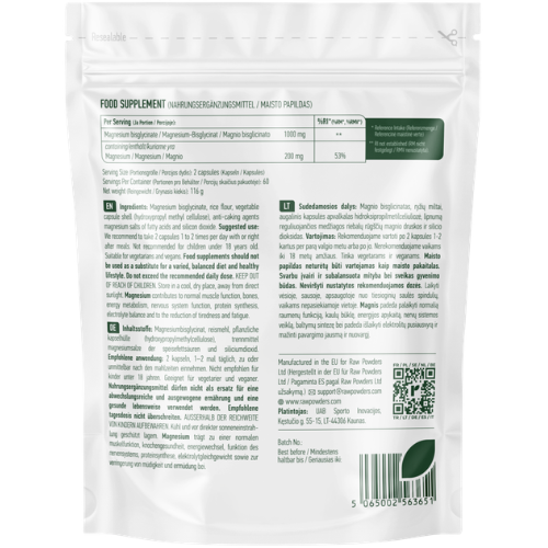 Magnio bisglicinatas yra absorbuojamas žarnyne ir yra švelnus skrandžiui Magnio bisglicinatas RAW POWDERS 500 mg., 120 kaps. | Mano Vaistinė