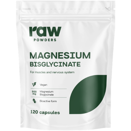 Magnio bisglicinatas yra absorbuojamas žarnyne ir yra švelnus skrandžiui Magnio bisglicinatas RAW POWDERS 500 mg., 120 kaps. | Mano Vaistinė