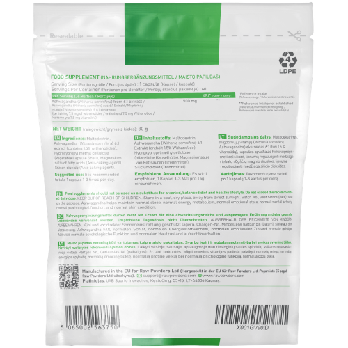 Nervų sistemos veiklai ir psichologinei funkcijai Ašvaganda (Ashwagandha) RAW POWDERS 500mg, 60 kaps. | Mano Vaistinė