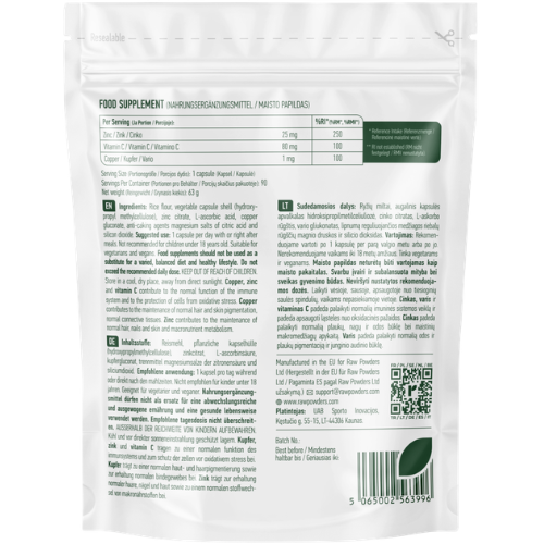 Grožio palaikymui iš vidaus ir jo apsaugai nuo oksidacinės pažaidos Cinkas + Vitaminas C + Varis RAW POWDERS, 90 kaps. | Mano Vaistinė