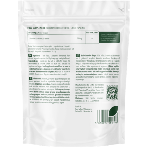 Padeda palaikyti normalią nervų sistemos veiklą ir psichologinę funkciją L-teaninas RAW POWDERS 200 mg., 120 kaps. | Mano Vaistinė