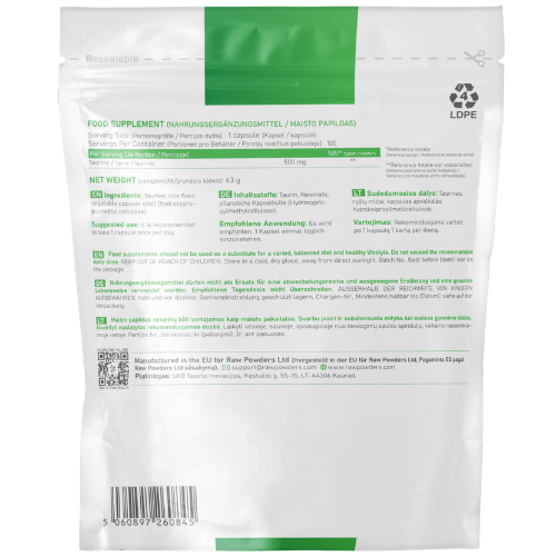 Nervų sistemai, raumenų funkcijai, ištvermei, nuovargiui mažinti Taurinas RAW POWDERS 500 mg., 100 kaps. | Mano Vaistinė