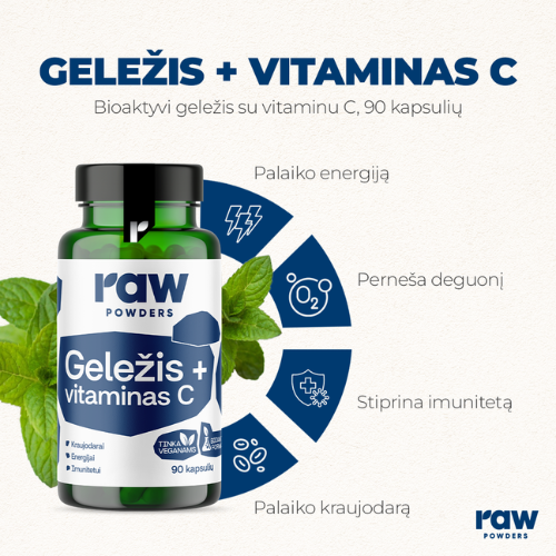 Sudėtyje geležies bisglicinatas Geležis ir Vitaminas C BIOACTIVE RAW POWDERS, 90 kaps. | Mano Vaistinė