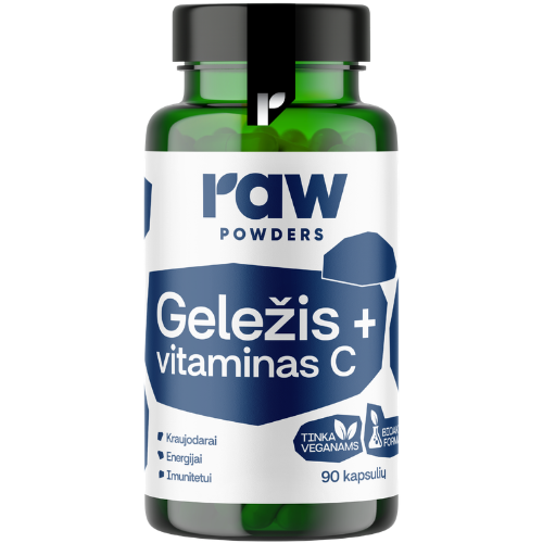 Sudėtyje geležies bisglicinatas Geležis ir Vitaminas C BIOACTIVE RAW POWDERS, 90 kaps. | Mano Vaistinė