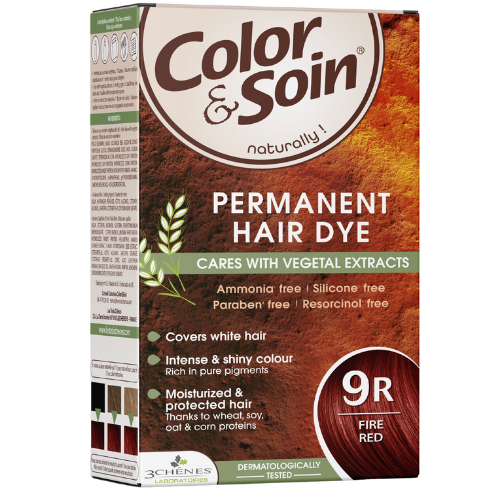 Pažeistiems ir silpniems plaukams. Tinka besilaukiančioms, žindančioms Ilgalaikiai plaukų dažai COLOR & SOIN, raudona ugninė (9R), 135 ml | Mano Vaistinė