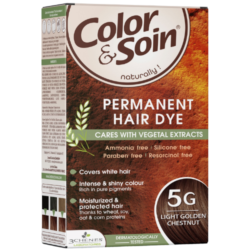 Pažeistiems ir silpniems plaukams. Tinka besilaukiančioms, žindančioms Ilgalaikiai plaukų dažai COLOR & SOIN, šviesi auksinė ruda (5G), 135 ml | Mano Vaistinė