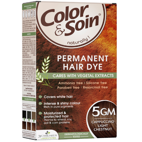 Pažeistiems ir silpniems plaukams. Tinka besilaukiančioms, žindančioms Ilgalaikiai plaukų dažai COLOR & SOIN, kapučino šviesi kaštoninė (5GM), 135 ml | Mano Vaistinė