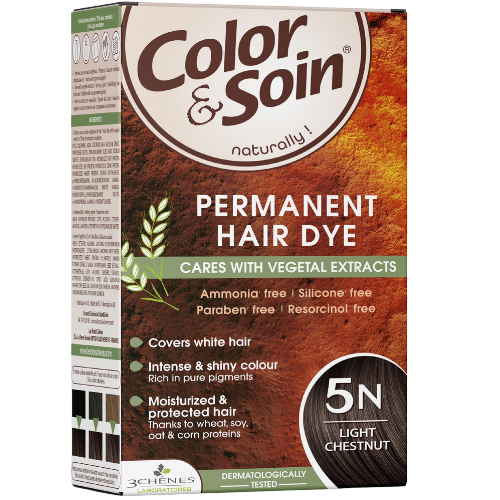 Pažeistiems ir silpniems plaukams. Tinka besilaukiančioms, žindančioms Ilgalaikiai plaukų dažai COLOR & SOIN, šviesi kaštoninė (5N), 135 ml | Mano Vaistinė