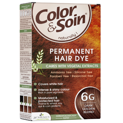 Pažeistiems ir silpniems plaukams. Tinka besilaukiančioms, žindančioms Ilgalaikiai plaukų dažai COLOR & SOIN, tamsi auksinė blondinė (6G), 135 ml | Mano Vaistinė