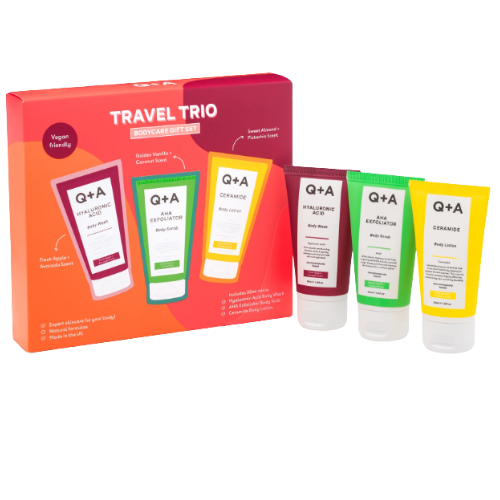 Rinkinyje prausiklis, šveitiklis, losjonas Kūno priežiūros priemonių rinkinys Q+A TRAVEL TRIO, 3x50ml. | Mano Vaistinė