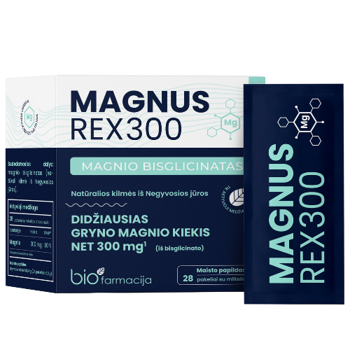 Natūralios kilmės iš Negyvosios jūros Magnio bisglicinatas MAGNUS REX 300 5,3g 28 pak. | Mano Vaistinė