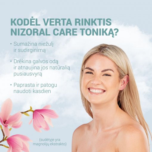 Su natūraliais magnolijų ir kaktusų augaliniais ekstraktais. Tonikas niežtinčiai, sudirgusiai galvos odai NIZORAL CARE, 100 ml | Mano Vaistinė