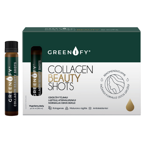 Švelnaus poveikio virškinimo sistemai Kolageno kompleksas odos grožiui GREENIFY COLLAGEN BEAUTY SHOTS, 14 but. | Mano Vaistinė