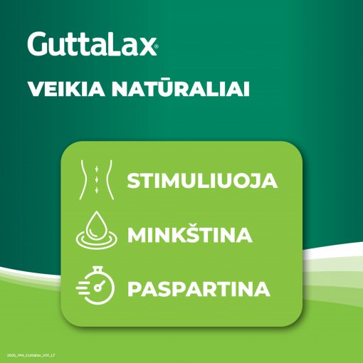 Vidurių užkietėjimo ir tuštinimosi palengvimui. Tinka vaikams nuo 4 metų. Guttalax 7,5 mg/ml geriamieji lašai, 30 ml | Mano Vaistinė