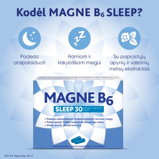 Magne B6 Sleep su augaliniais ekstraktais atsipalaidavimui ir normaliam miegui. Miegui MAGNE B6 SLEEP, 30 kapsulių | Mano Vaistinė