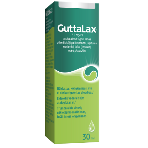Vidurių užkietėjimo ir tuštinimosi palengvimui. Tinka vaikams nuo 4 metų. Vidurių užkietėjimui geriamieji lašai GUTTALAX, 7,5 mg/ml, 30 ml. | Mano Vaistinė