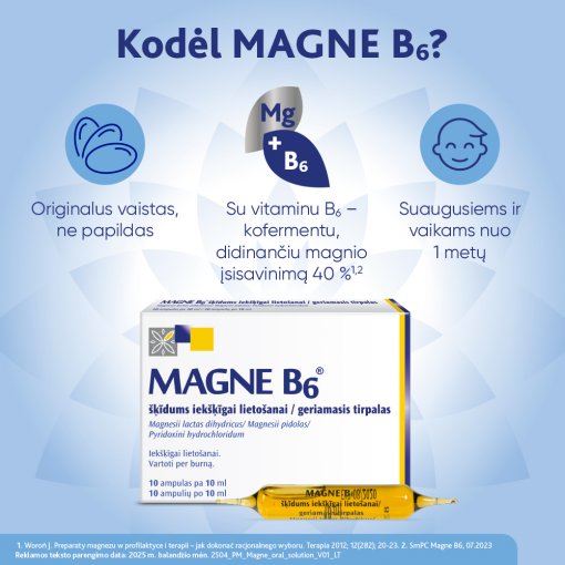 MAGNE B6 ampulės- klinikiniais tyrimais patvirtintas magnio trūkumo sukeltų simptomų gydymas. Tinka nuo 1 metų (sveriantiems daugiau kaip 10 kg). Geriamasis tirpalas ampulėse MAGNE B6, 10 vnt. | Mano Vaistinė