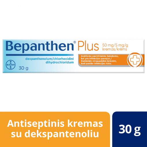 Vaistas paviršinių žaizdų gijimui Bepanthen plus 50 mg/5 mg/g kremas 30 g, paviršinėms odos žaizdoms | Mano Vaistinė