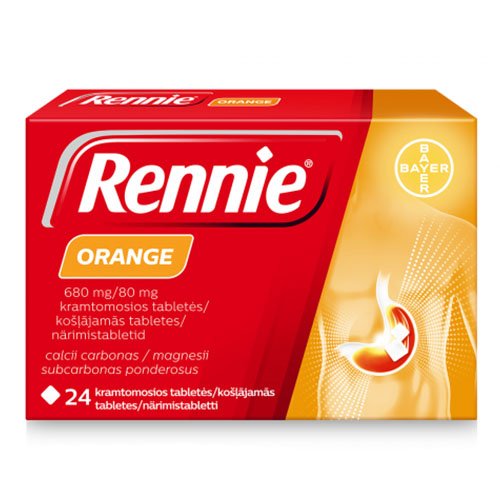 Rennie – greitas ir veiksmingas vaistas nuo rėmens ir padidėjusio rūgštingumo. Rennie Orange 680 mg/80 mg, 24 kramtomosios tabletės | Mano Vaistinė