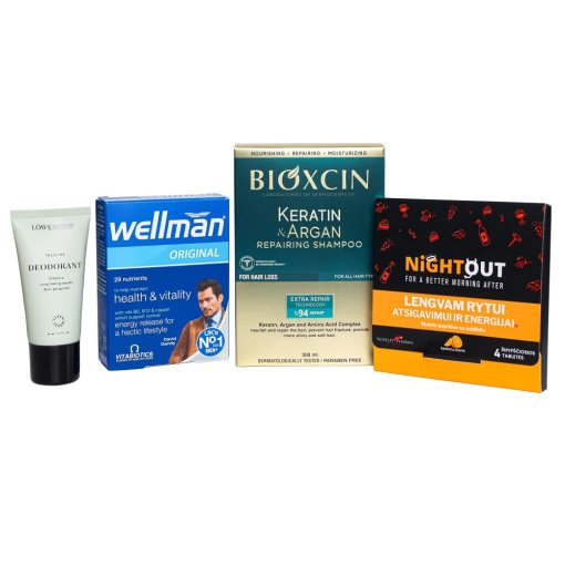 BIOXSINE ir LÖWENGRIP - gaivai ir žavesiui, WELLMAN ir NIGHTOUT - energijai ir puikiai savijautai Kalėdų dovana JAM (2025). Rinkinys vyrui | Mano Vaistinė