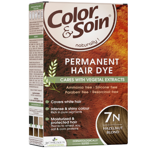 Pažeistiems ir silpniems plaukams. Tinka besilaukiančioms, žindančioms Ilgalaikiai plaukų dažai COLOR & SOIN, riešutų blondinė (7N), 135 ml | Mano Vaistinė