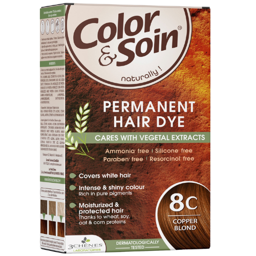 Pažeistiems ir silpniems plaukams. Tinka besilaukiančioms, žindančioms Ilgalaikiai plaukų dažai COLOR & SOIN, vario blondinė (8C), 135 ml | Mano Vaistinė