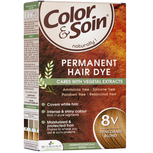 Pažeistiems ir silpniems plaukams. Tinka besilaukiančioms, žindančioms lgalaikiai plaukų dažai COLOR & SOIN, venecijietiška blondinė (8V), 135 ml | Mano Vaistinė