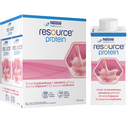 Specialios medicininės paskirties maisto produktas Medicininis braškių skonio gėrimas NESTLE RESOURCE PROTEIN, 4 x 200 ml | Mano Vaistinė