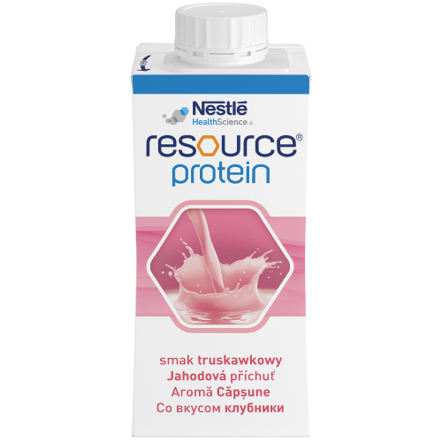 Specialios medicininės paskirties maisto produktas Medicininis braškių skonio gėrimas NESTLE RESOURCE PROTEIN, 4 x 200 ml | Mano Vaistinė