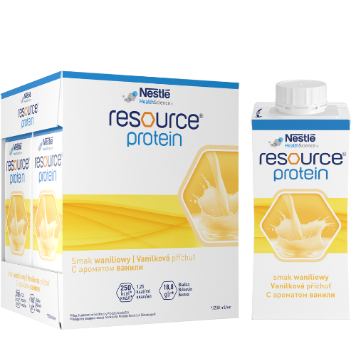 Specialios medicininės paskirties maisto produktas Medicininis vanilės skonio gėrimas NESTLE RESOURCE PROTEIN, 4 x 200 ml | Mano Vaistinė