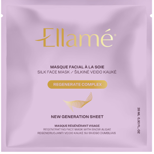 Šilkinė veido kaukė drėkina bei gaivina odą, sniego dumbliai padeda suaktyvinti regeneraciją Regeneruojanti veido kaukė su sniego dumbliais ELLAME REGENERATE COMPLEX | Mano Vaistinė