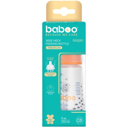Sumažina oro patekimą ir padeda išvengti dieglių Antikolinis maitinimo buteliukas 3+ mėn BABOO,  250 ml | Mano Vaistinė