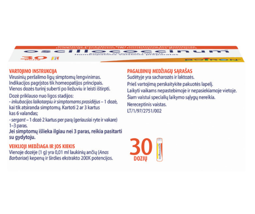 Turinį suberti po liežuviu ir leisti ištirpti Peršalimo ligų simptomams lengvinti OSCILLOCOCCINUM, 30 vnt. | Mano Vaistinė