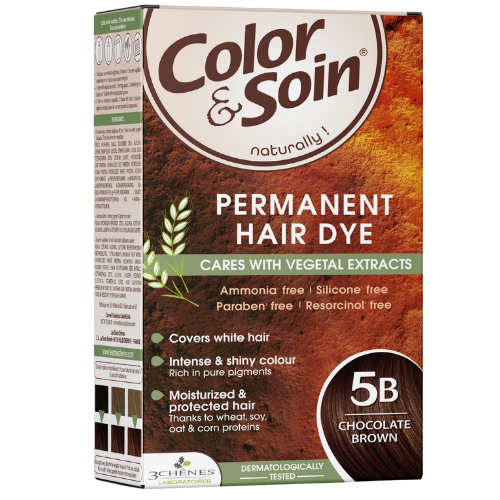 Pažeistiems ir silpniems plaukams. Tinka besilaukiančioms, žindančioms Ilgalaikiai plaukų dažai COLOR & SOIN, ruda šokolado (5B), 135 ml | Mano Vaistinė