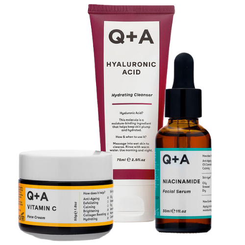 Rinkinį sudaro trys topinės Q+A priemonės Veido priežiūros priemonių rinkinys Q+A SKINCARE TREATS | Mano Vaistinė