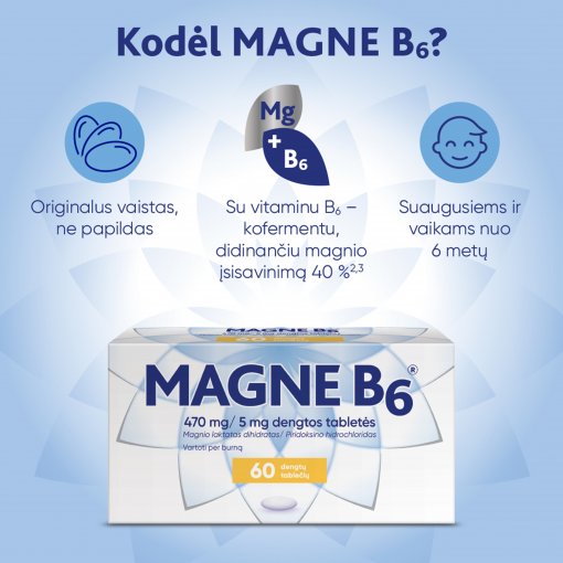 MAGNE B6 tabletės - klinikiniais tyrimais patvirtintas magnio trūkumo sukeltų simptomų gydymas. Tinka vartoti nuo 6 metų. Magnis MAGNE B6 470mg/5mg, 60 tab. | Mano Vaistinė