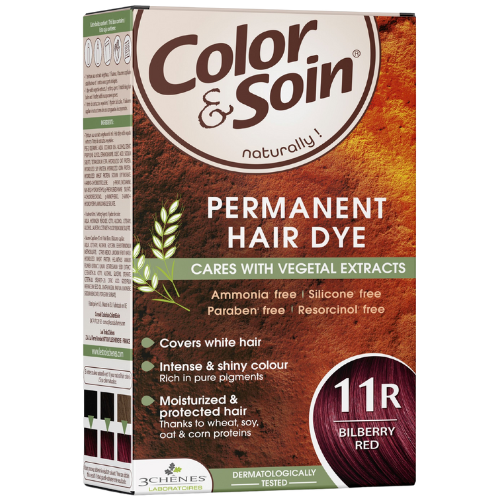 Pažeistiems ir silpniems plaukams. Tinka besilaukiančioms, žindančioms Ilgalaikiai plaukų dažai COLOR & SOIN, mėlynių raudoni (11R), 135 ml | Mano Vaistinė