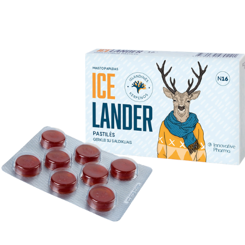 Maisto papildas gerklei su saldikliais Miinkštosios pastilės skaudančiai gerklei ICELANDER 16 pastilių | Mano Vaistinė
