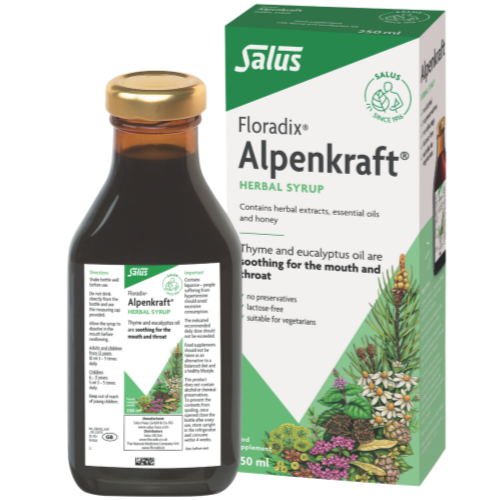 Sudigusiai burnos gleivinei vaistažolių sirupas  FLORADIX ALPENCRAFT, 250ml | Mano Vaistinė