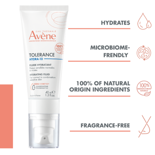 Intensyviai drėkina odą ir palaiko jos natūralų drėgmės balansą iki 48 valandų Drėkinamasis fluidas jautriai odai, AVENE TOLERANCE HYDRA-10, 40 ml  | Mano Vaistinė