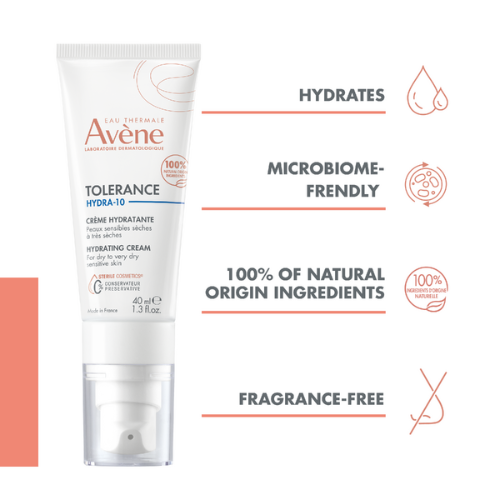 Intensyviai drėkiną odą ir palaiko jos natūralų drėgmės balansą Drėkinamasis kremas jautriai odai, AVENE TOLERANCE HYDRA-10, 40 ml | Mano Vaistinė