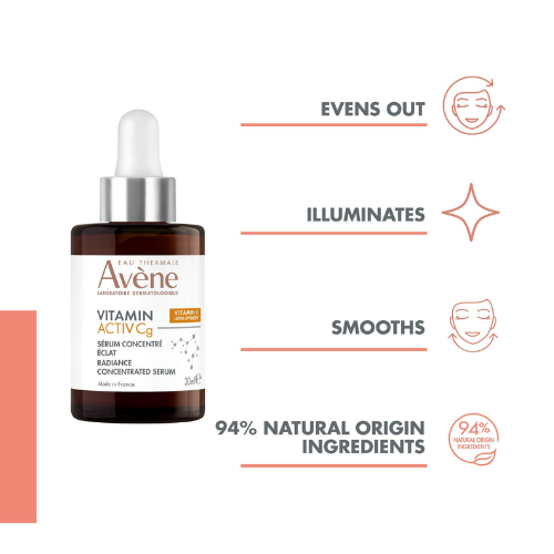 Skirtas papilkėjusiai, pavargusiai, netolygaus atspalvio odai  Skaistinamasis serumas, AVENE VITAMIN ACTIVE CG, 30 ml | Mano Vaistinė