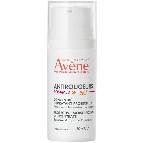 Jautriai, į rožinę, paraudimą linkusiai odai Apsauginis drėkinamasis koncentratas AVENE ROSAMED SPF 50+, 30 ml | Mano Vaistinė