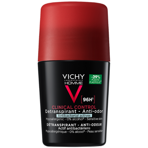 Sudėtyje nėra etilo alkoholio. Yra neriebios ir nelimpančios konsistencijos Vyriškas antiperspirantas VICHY HOMME CLINICAL CONTROL 96H., 50 ml | Mano Vaistinė