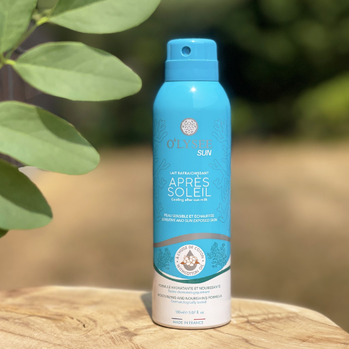 Purškiamas kūno pienelis drėkina, maitina jautrią bei saulės paveiktą odą Vėsinantis pienelis po saulės O'LYSEE, 150 ml | Mano Vaistinė