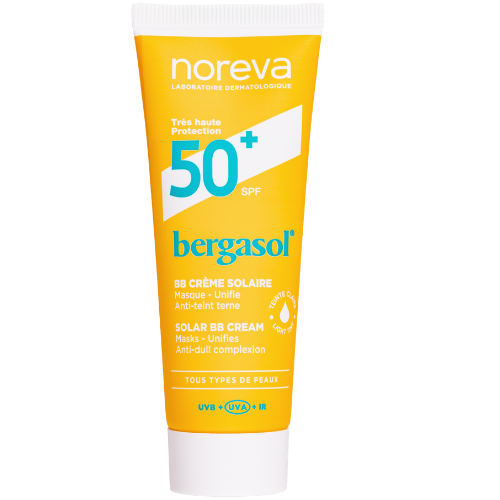 Padeda sumažinti matomus netobulumus ir suteikia odai tolygesnę išvaizdą Šviesaus atspalvio toninis BB kremas nuo saulės NOREVA BERGASOL EXPERT SPF 50+, 40 ml | Mano Vaistinė