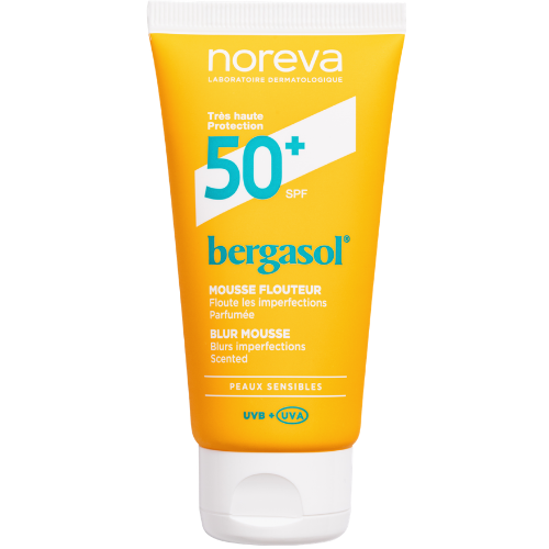 Lengva, aksominė putų tekstūra tolygiai pasiskirsto, neapsunkina odos Apsauginės putos nuo saulės NOREVA BERGASOL BLUR SPF50+, 50 ml | Mano Vaistinė