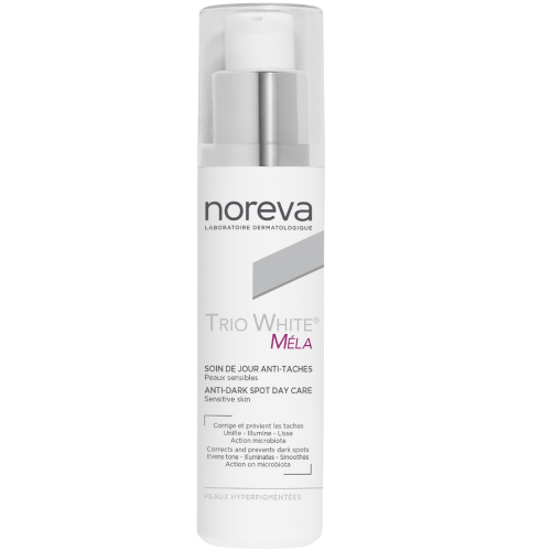 Padeda koreguoti pigmentines dėmes, suvienodinti odos atspalvį, skaistina ir drėkina odą Dieninis veido kremas pigmentuotai odai NOREVA TRIO WHITE MELA, 40 ml | Mano Vaistinė