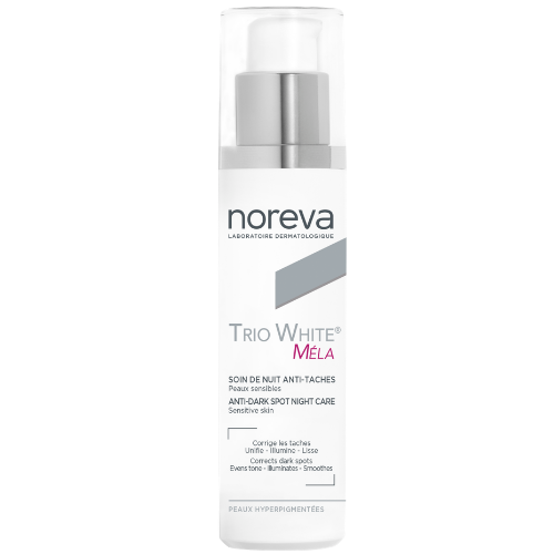 Padeda mažinti pigmentinių dėmių matomumą, skaistina ir intensyviai drėkina odą Naktinis veido kremas pigmentuotai odai NOREVA TRIO WHITE MELA, 50 ml | Mano Vaistinė