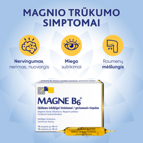 MAGNE B6 ampulės- klinikiniais tyrimais patvirtintas magnio trūkumo sukeltų simptomų gydymas. Tinka nuo 1 metų (sveriantiems daugiau kaip 10 kg). Geriamasis tirpalas ampulėse MAGNE B6, 10 vnt. | Mano Vaistinė